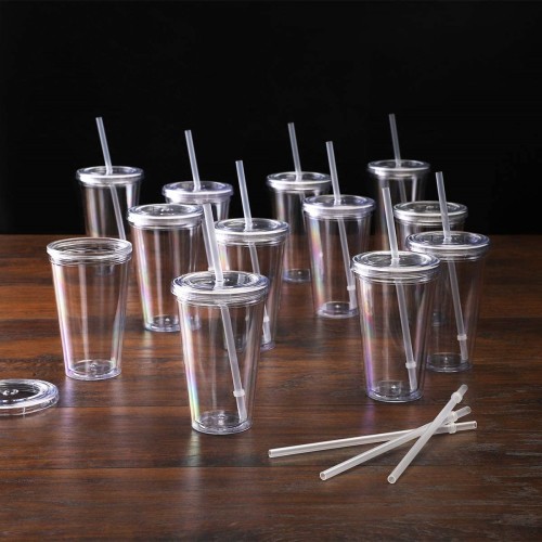 16oz Reusable Travel Ice Coffee Mugs Double Wall Insulate Clear Plastic Tumblers With Straw And Lid In Bulk