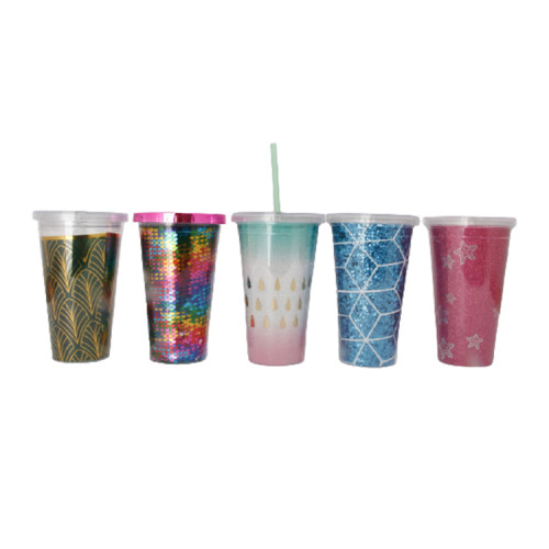 16Oz Eco-Friendly  Double Walled Ps Insulated Straw Mug Clear Plastic Tumblers Mug With Glitter Paper