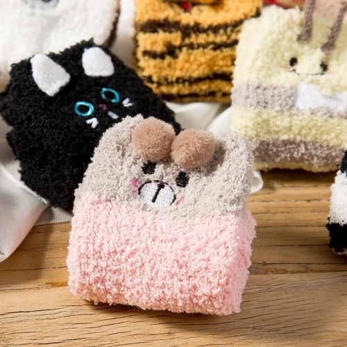 New Japanese Cartoon Embroidery Children's Socks Baby Socks Coral Fleece Baby Floor Socks