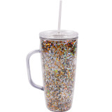 Custom Logo 26Oz Double Walled Ps Insulated Gliiter Plasitic Wine Cup With Hand
