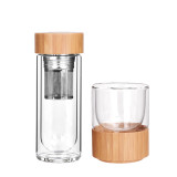 Hot Sale BPA Free Double Wall Insulate Bamboo Tea Coffee Bottle Bamboo Cover Glass Bottle For Sale