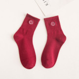 Autumn Women New  Cartoon Embroidered Smiling Face  Lady Cotton Stockings