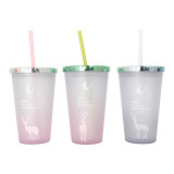2021 New Arrive 16oz Double Wall Insulated Opacity Electroplating lid Plastic With Lid Straw