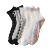 Women summer flowers jacquard glass silk stockings breathable ankle socks ultra-thin crystal socks  wholesale factory