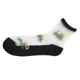 Women summer roses jacquard glass silk stockings breathable ankle socks ultra-thin crystal socks  wholesale factory
