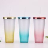 24oz Reusable Straw Lid Double Wall Insulated  Opaque polychrome Plastic PS Sublimation Tumblers In Bulk
