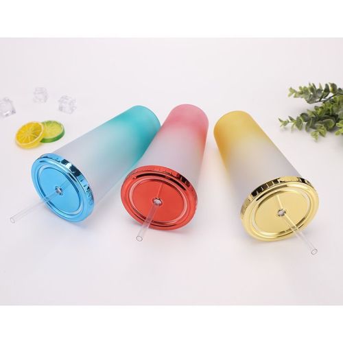 24oz Reusable Straw Lid Double Wall Insulated  Opaque polychrome Plastic PS Sublimation Tumblers In Bulk