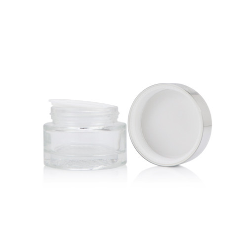 Eco friendly 50g empty round transparent cosmetic packaging glass face cream jar with silver cap