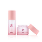 Custom 30 50 80 g empty round lotion skincare cream glass jars empty frosted pink glass cosmetic jars  30 50 ml