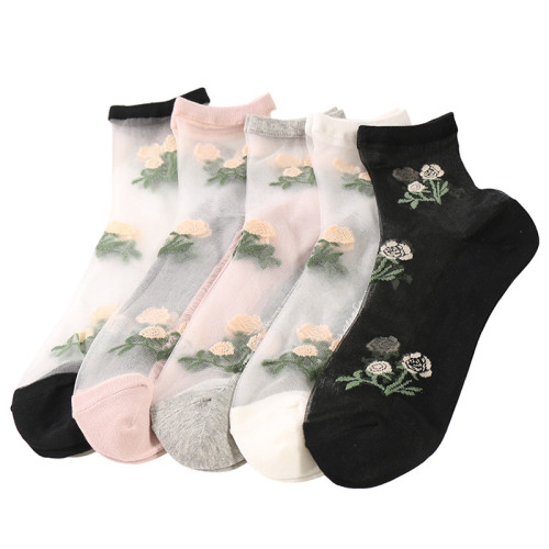 Women summer roses jacquard glass silk stockings breathable ankle socks ultra-thin crystal socks  wholesale factory