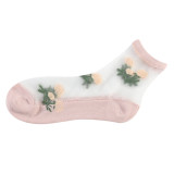 Women summer roses jacquard glass silk stockings breathable ankle socks ultra-thin crystal socks  wholesale factory