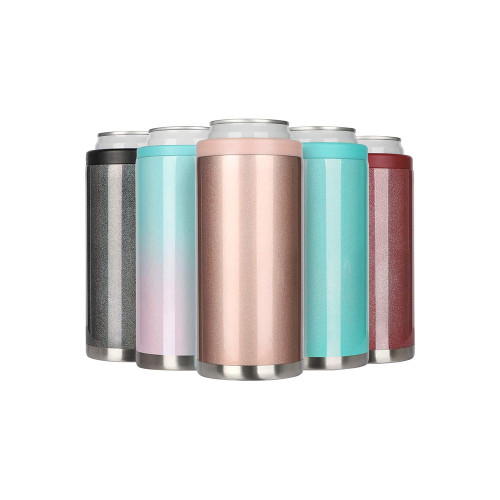 pink suction beer cheap price double wall slim glitter stainless steel can cooler holder oem