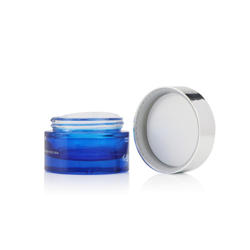 Custom thickness bottom  transparent blue glass cosmetic 50 ml 15 ml glass jar with metal lid for skin care