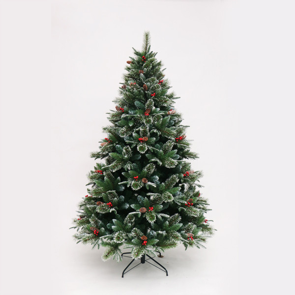 210cm wholesale High Quality Artificial Christmas Tree with pine cone red berry and snow glitter