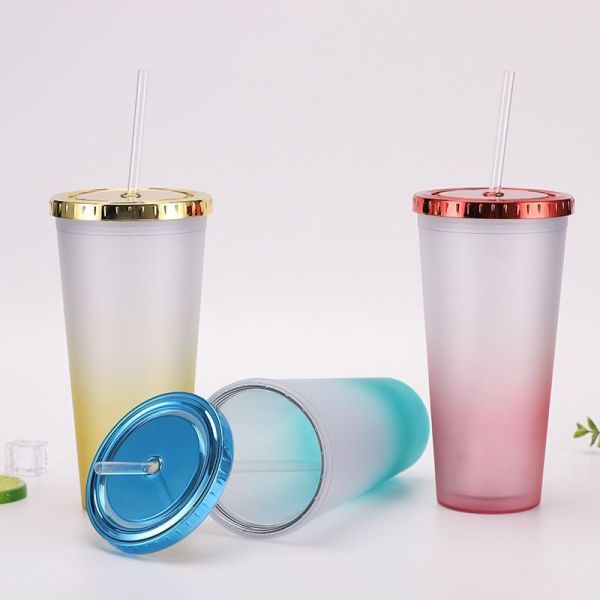 24oz Reusable Straw Lid Double Wall Insulated  Opaque polychrome Plastic PS Sublimation Tumblers In Bulk