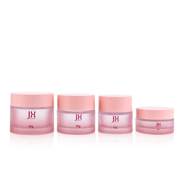 Wholesale 30 50 80 g empty pink round container face lotion cream frosted glass cosmetic jars with plastic lids