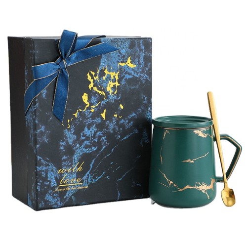 Gift use golden line drawing ceramic coffee mug golden marble mug with lid and spoon