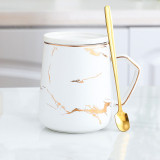 Gift use golden line drawing ceramic coffee mug golden marble mug with lid and spoon