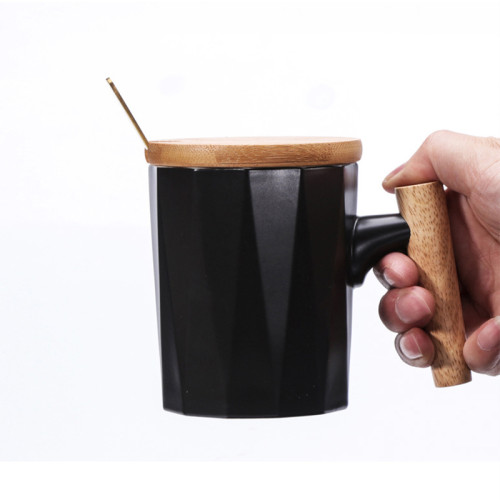High quality wooden handle porcelain mug coffee set with bamboo lid and metal spoon 301-400ml ceramic tea cup