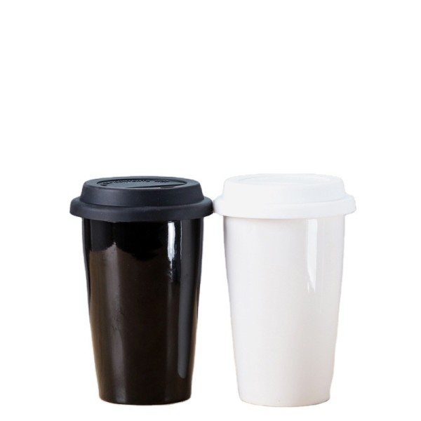 white and black 320 ml double wall porcelain coffee mug cup coffee with silicone lid