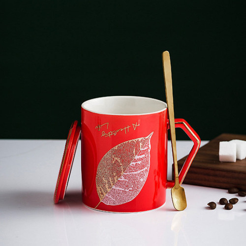 New design golden leaf porcelain gift coffee mug set color glazed custom personalized gift mug set
