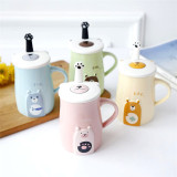 Cute animal design ceramic coffee mugs with spoon and lid 401-500ml kids gift mug
