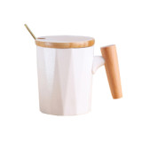 High quality wooden handle porcelain mug coffee set with bamboo lid and metal spoon 301-400ml ceramic tea cup