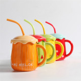 Creative fruit design cute cup with straw spoon and lid, kids gift milk cup 470ml