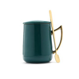 New design custom printed ceramic mug with golden handle personalized mug set with lid and spoon 350ml