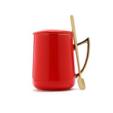 New design custom printed ceramic mug with golden handle personalized mug set with lid and spoon 350ml