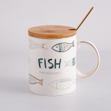 Cute Fish design Ceramic Cups Wholesale Ceramic Tea mugs with bamboo lid  for couple or  as souvenir