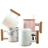 301-400ml promotion ceramic mug wooden handle mug marble coffee mugs