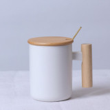 Hot sale gift porcelain mug, bamboo lid ceramic cup with lid and spoon, wooden handle ceramic coffee mug