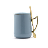 New design custom printed ceramic mug with golden handle personalized mug set with lid and spoon 350ml