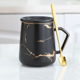 Gift use golden line drawing ceramic coffee mug golden marble mug with lid and spoon