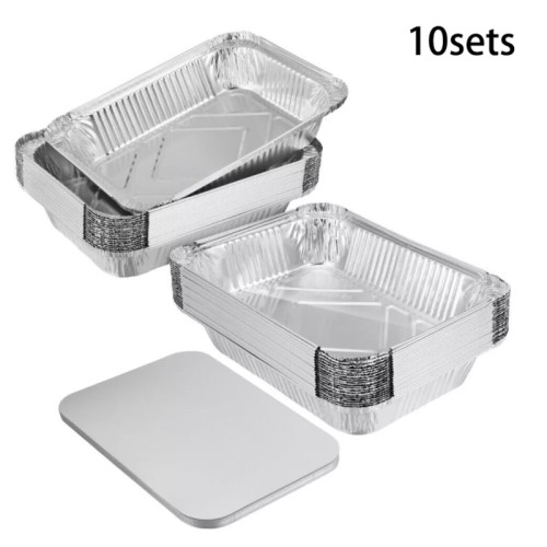 10Pcs Aluminum Foil Bbq Box Trays Mold Disposable Roasting Baking Tray With Lid