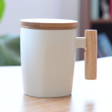 Nordic style custom logo color glaze porcelain cup gift use creative magic ceramic mugs with wood handle 400ml