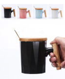 Wooden handle ceramic coffee cups and mugs custom porcelain material coffee drinking cup 301-400ml