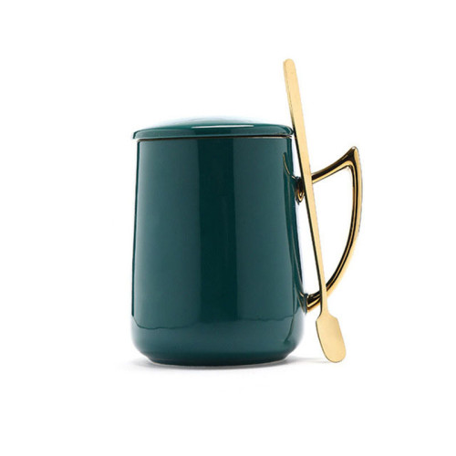 New design custom printed ceramic mug with golden handle personalized mug set with lid and spoon 350ml
