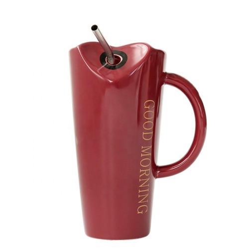 480ml North-Europe Style Creative Heart-shaped Cheap Ceramic Mug With Stainless Steel Straw