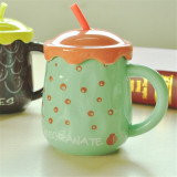 Creative fruit design cute cup with straw spoon and lid, kids gift milk cup 470ml