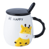 Kids gift cute animal design ceramic cups and mugs with spoon and lid 401-500ml