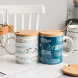 Cute Fish design Ceramic Cups Wholesale Ceramic Tea mugs with bamboo lid  for couple or  as souvenir