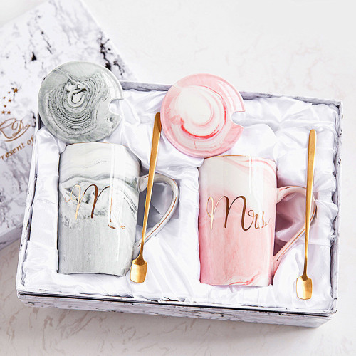 Supplier wholesale couple gift box pack marble design ceramic mr and mrs coffee mugs, gift use couple coffee mugs