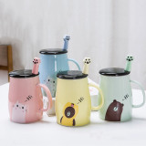 Cute animal design ceramic coffee mugs with spoon and lid 401-500ml kids gift mug