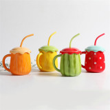 Creative fruit design cute cup with straw spoon and lid, kids gift milk cup 470ml