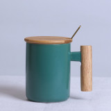 Hot sale gift porcelain mug, bamboo lid ceramic cup with lid and spoon, wooden handle ceramic coffee mug