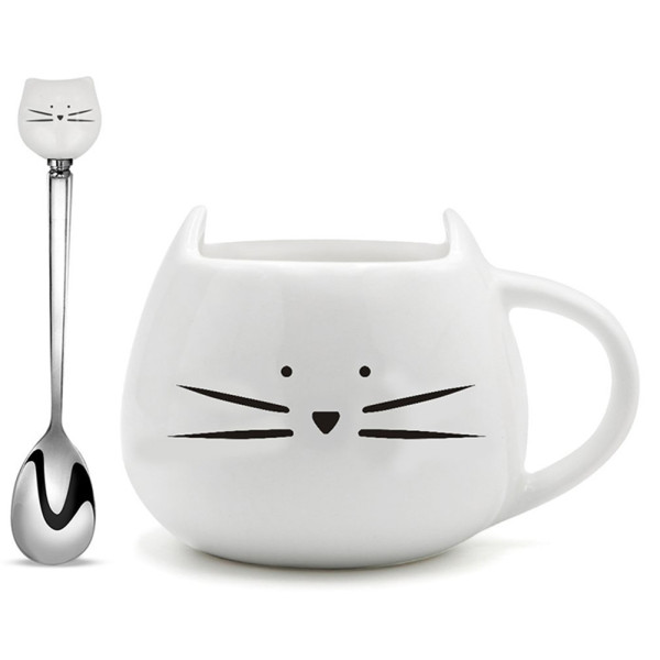 Cute cat mug design coffee cup with lid and spoon 301-400ml