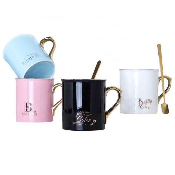 340ML Customized high grade ceramic coffee cup mugs for coffee /milk  with gold handle /spoon