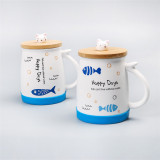 Cute animal design ceramic coffee mugs with spoon and lid 401-500ml kids gift mug